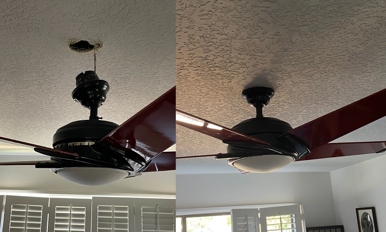 Black ceiling fan with wood blades, before and after