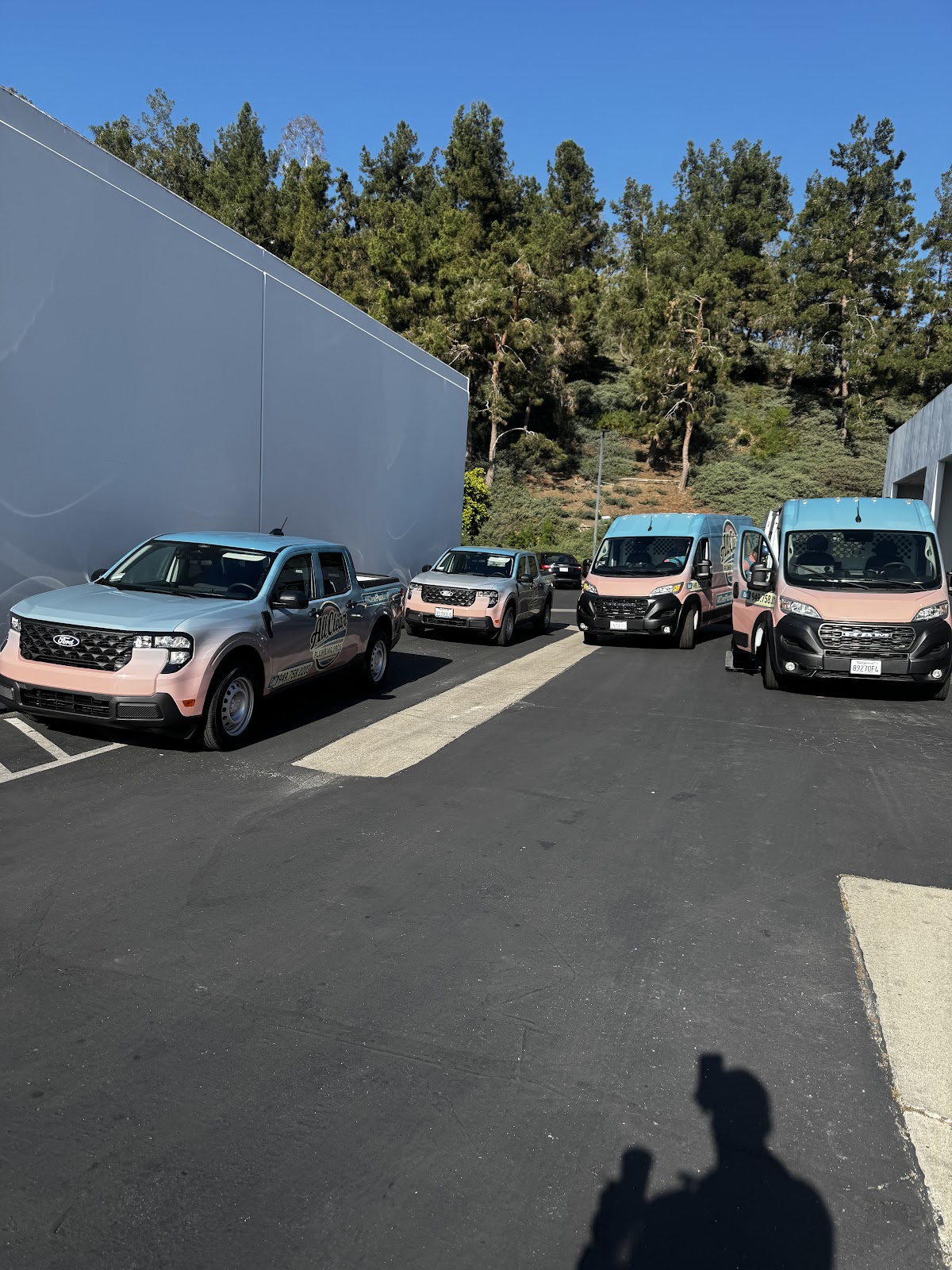 Trucks and vans lined up for the day