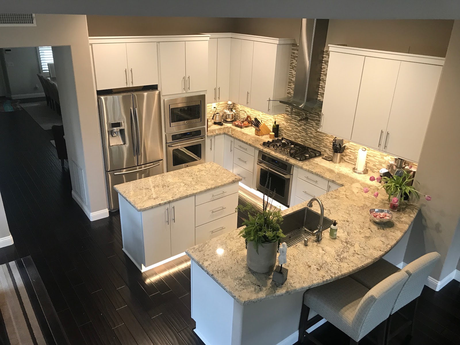Pendant cluster, modern white kitchen