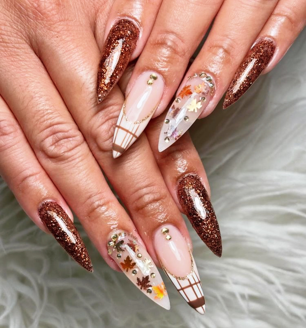 Copper glitter and milky plaid French stiletto nails at B&T Nails