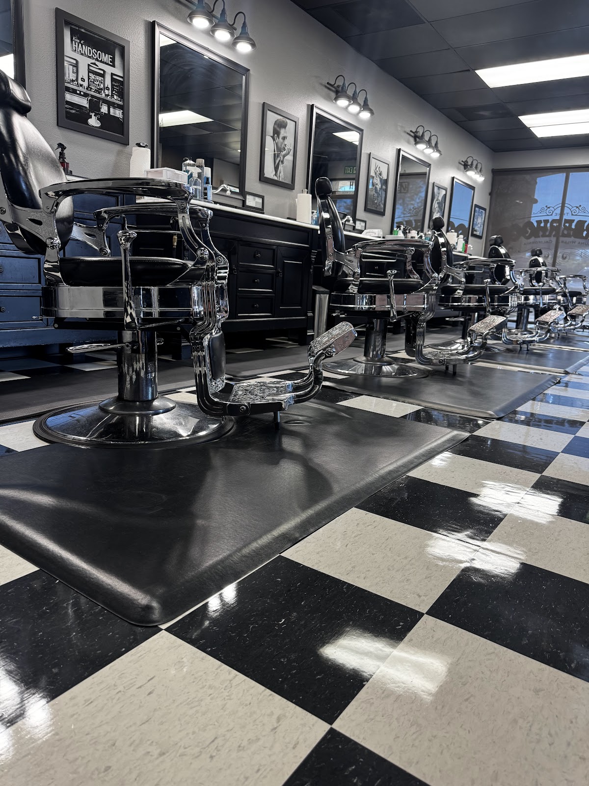 Inside The BarberHood, vintage chairs and checkerboard floor