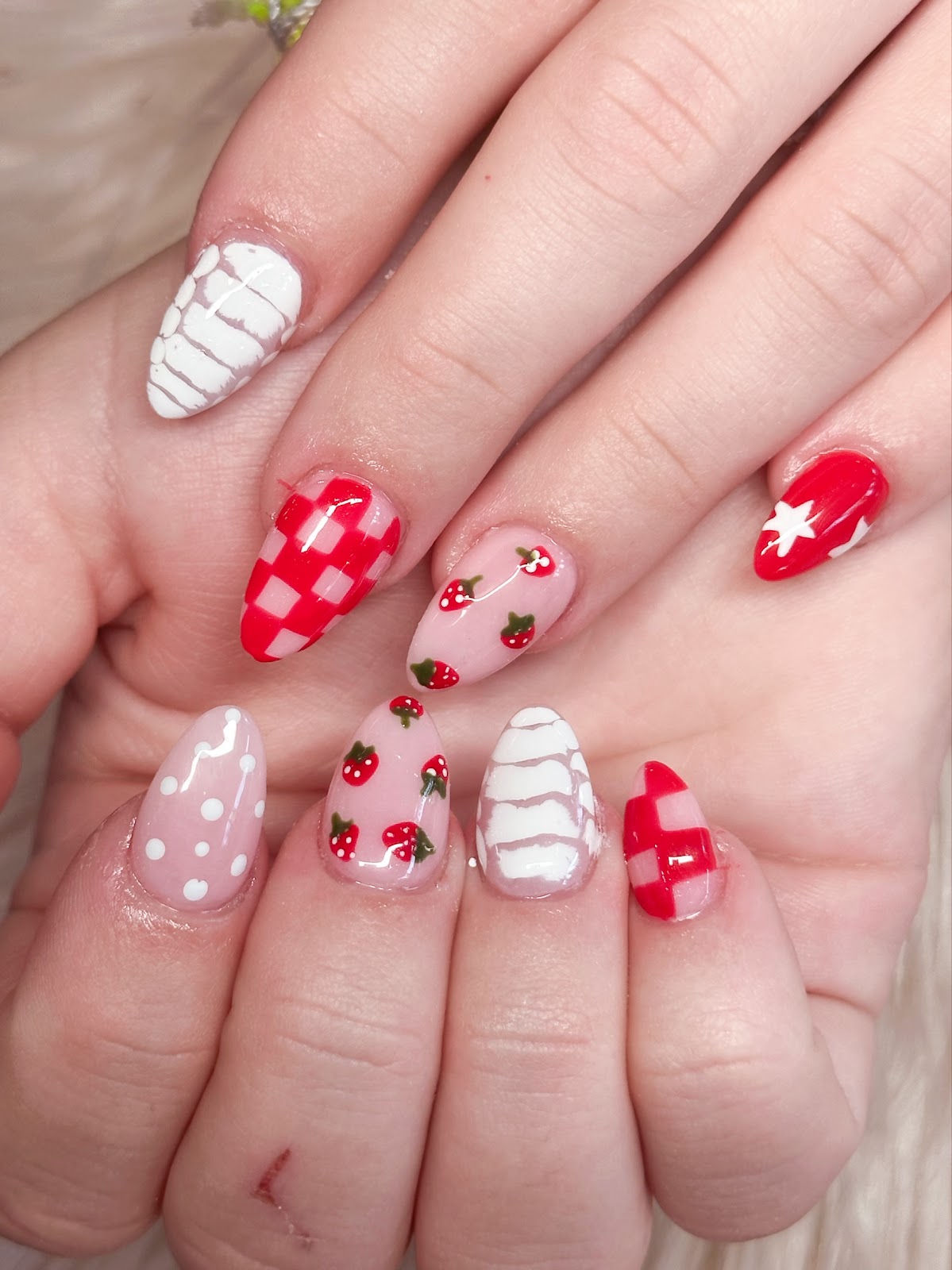 Nail art at Blooming Nails: Strawberries, gingham, polka dot