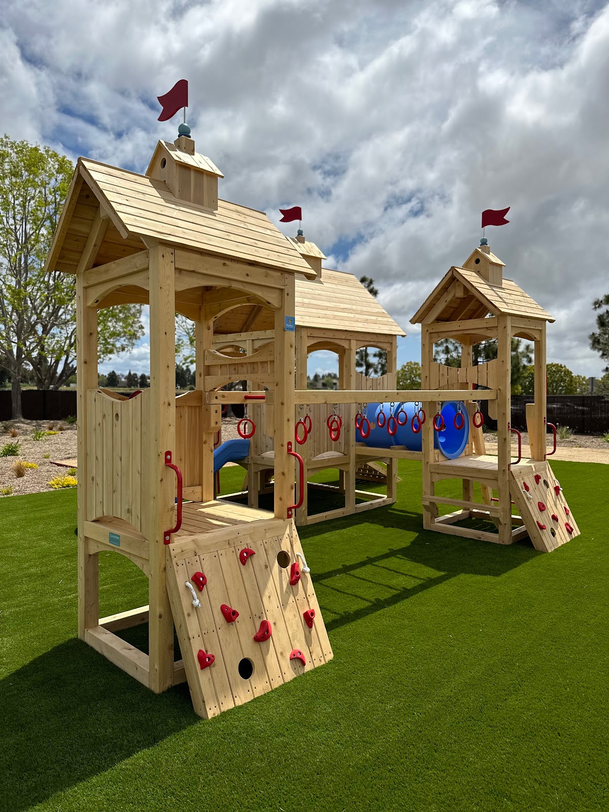 Climbing fort, rock wall, monkey bars, flags