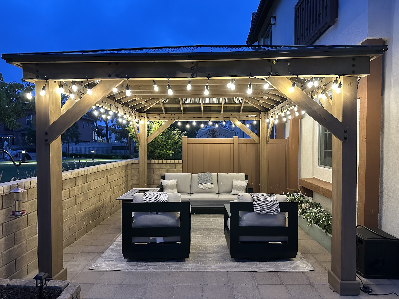 Wood hardtop gazebo, sectional, dusk