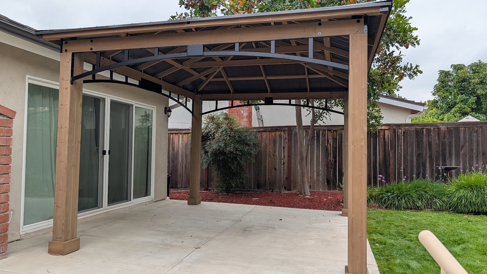 Wood gazebo, peaked hardtop, backyard patio