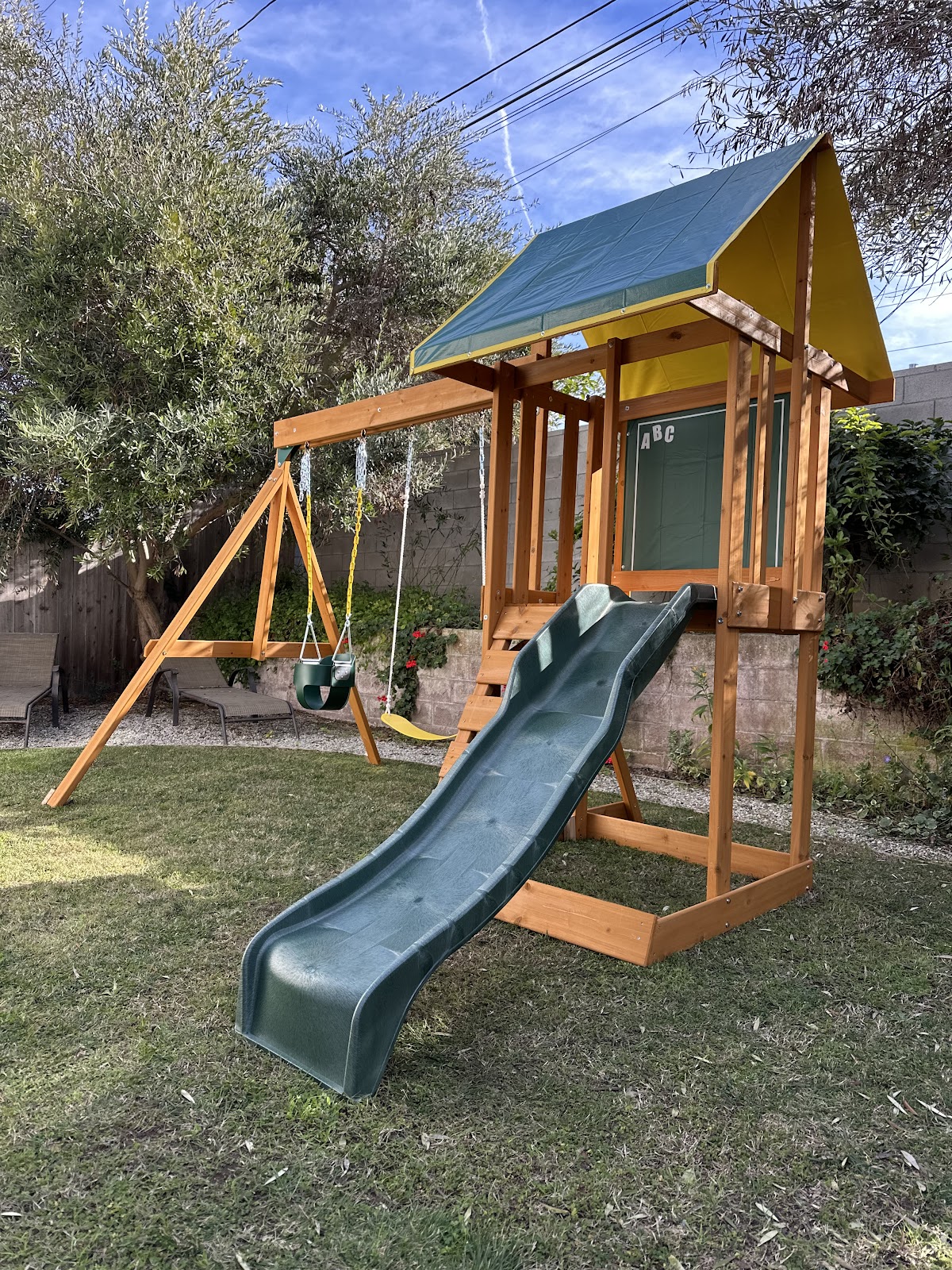 A-frame swing set and slide