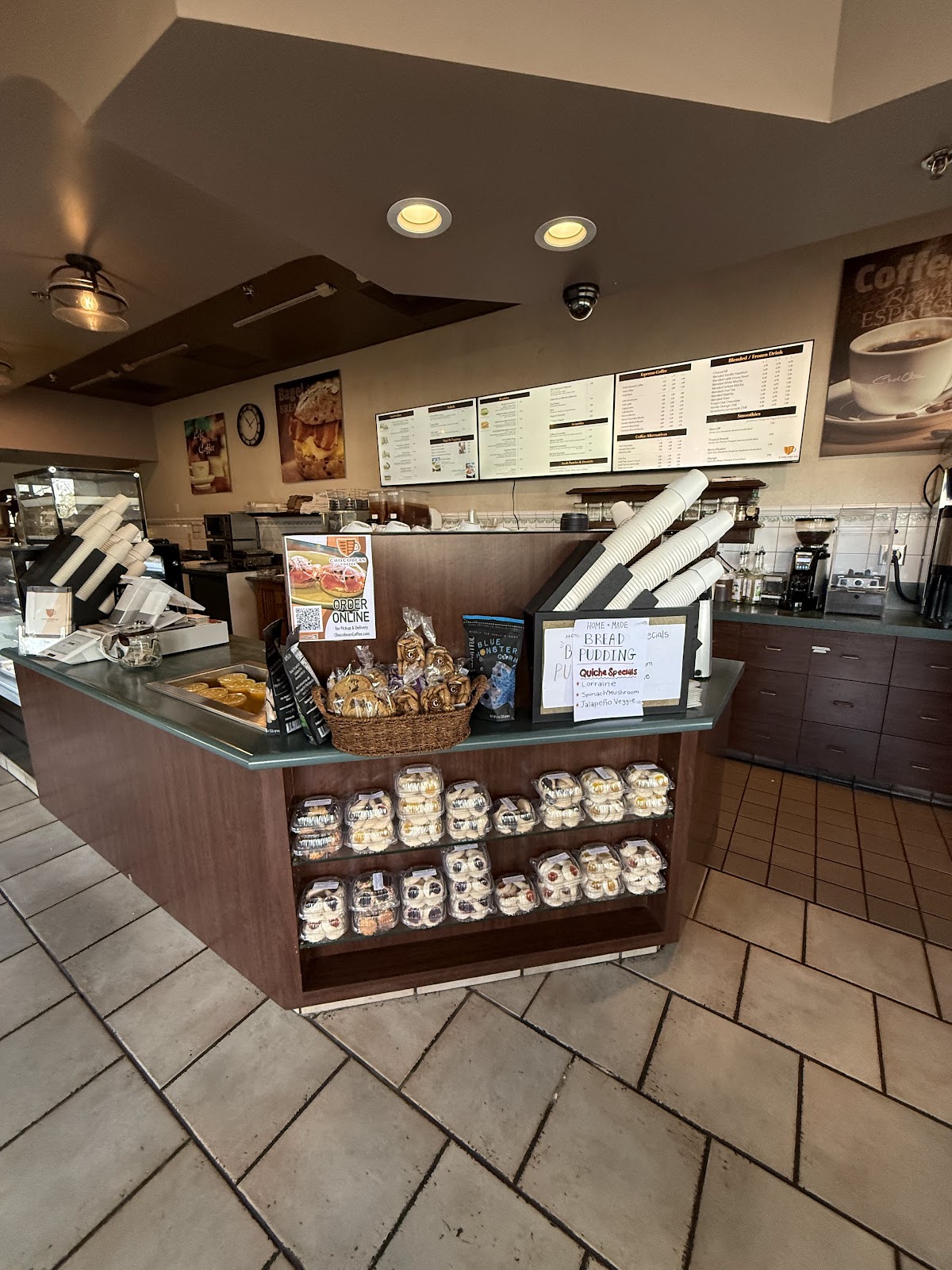 A look around the ChocoBean cafe, the roaster, the pastry case, the cups on the counter