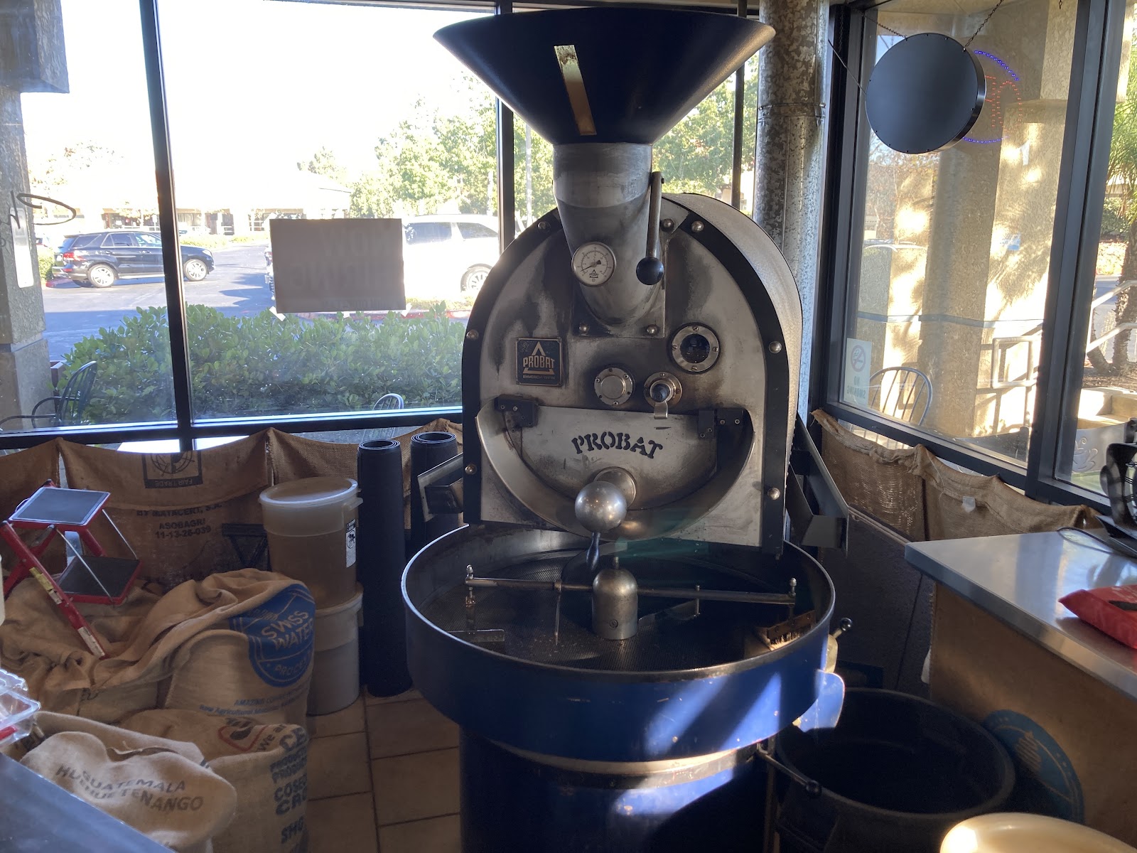 A look around the ChocoBean cafe, the roaster, the pastry case, the cups on the counter