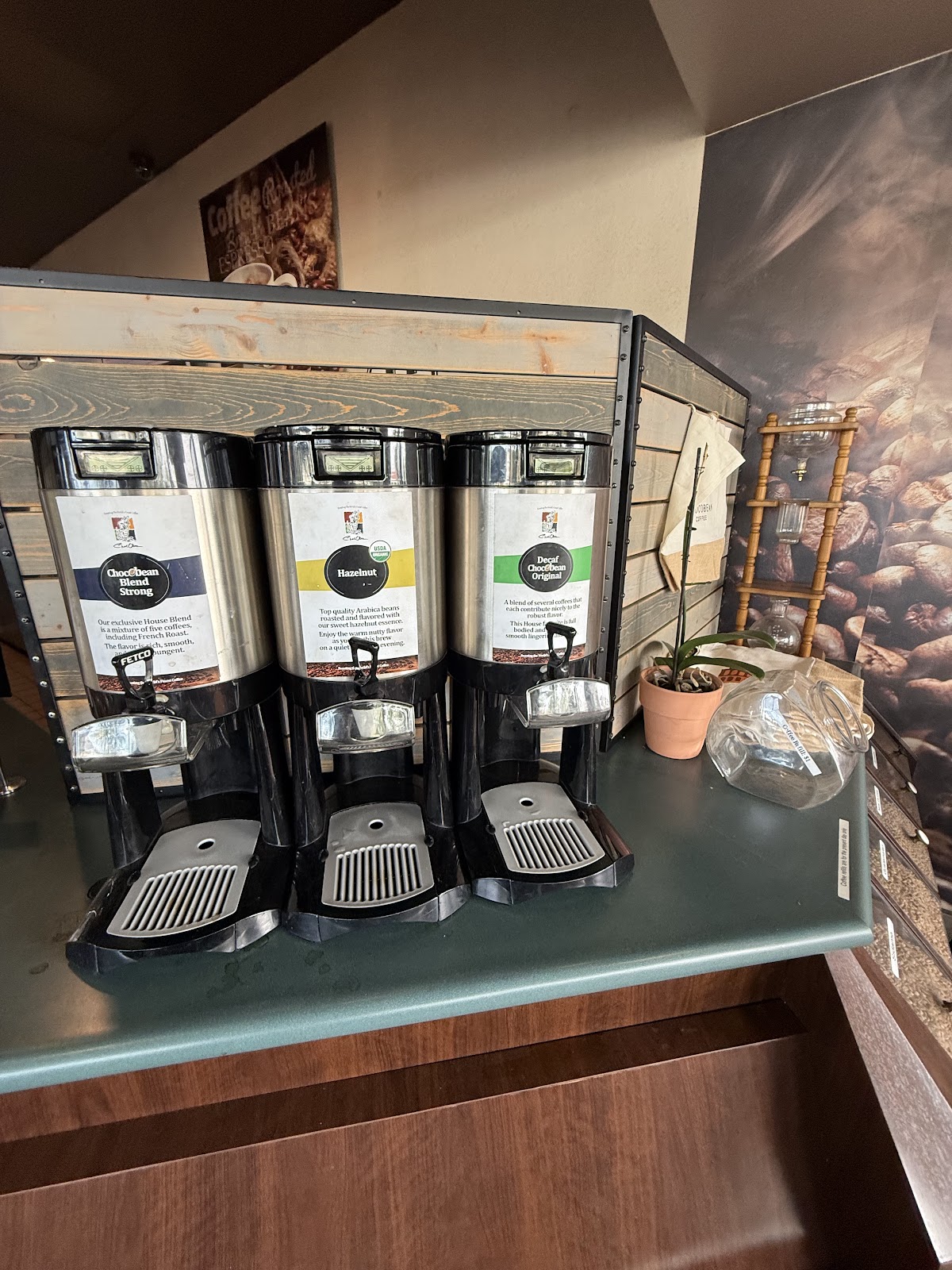 A look around the ChocoBean cafe, the roaster, the pastry case, the cups on the counter