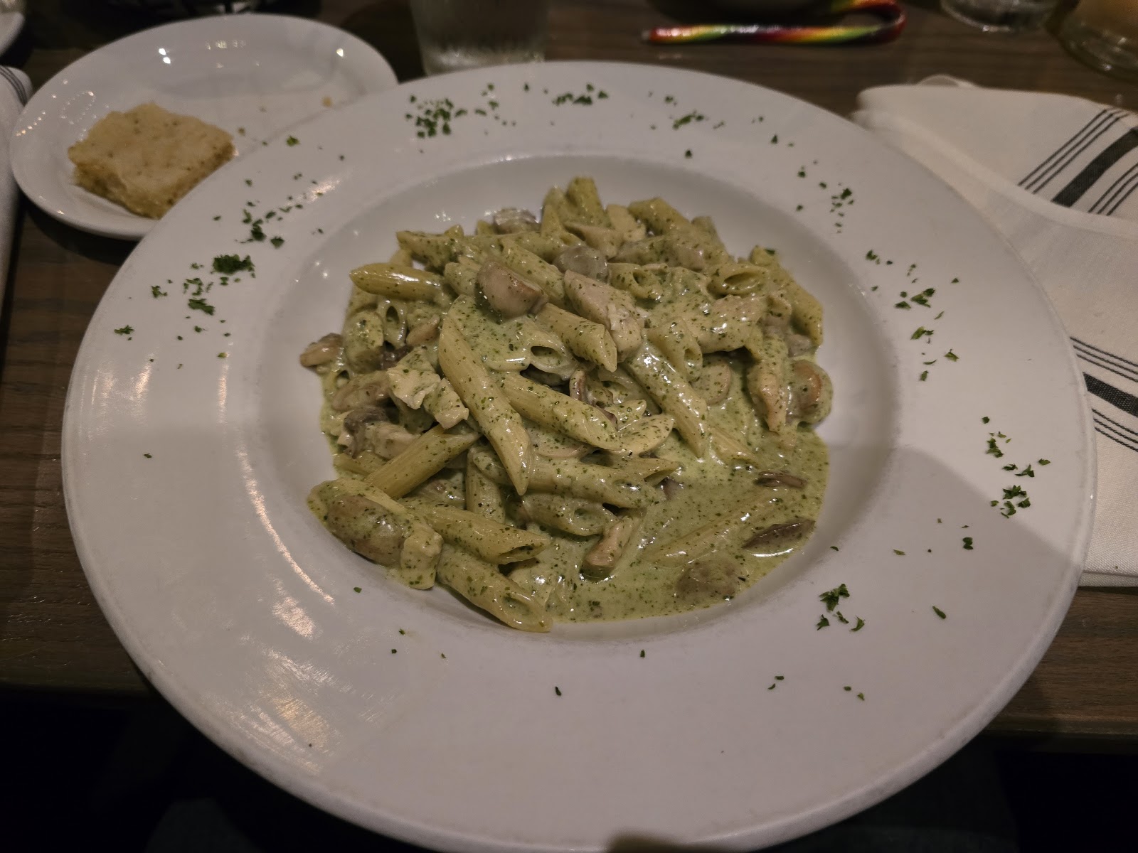 Penne al Pesto at Domenico's on the Lake. house pesto, wild mushrooms.