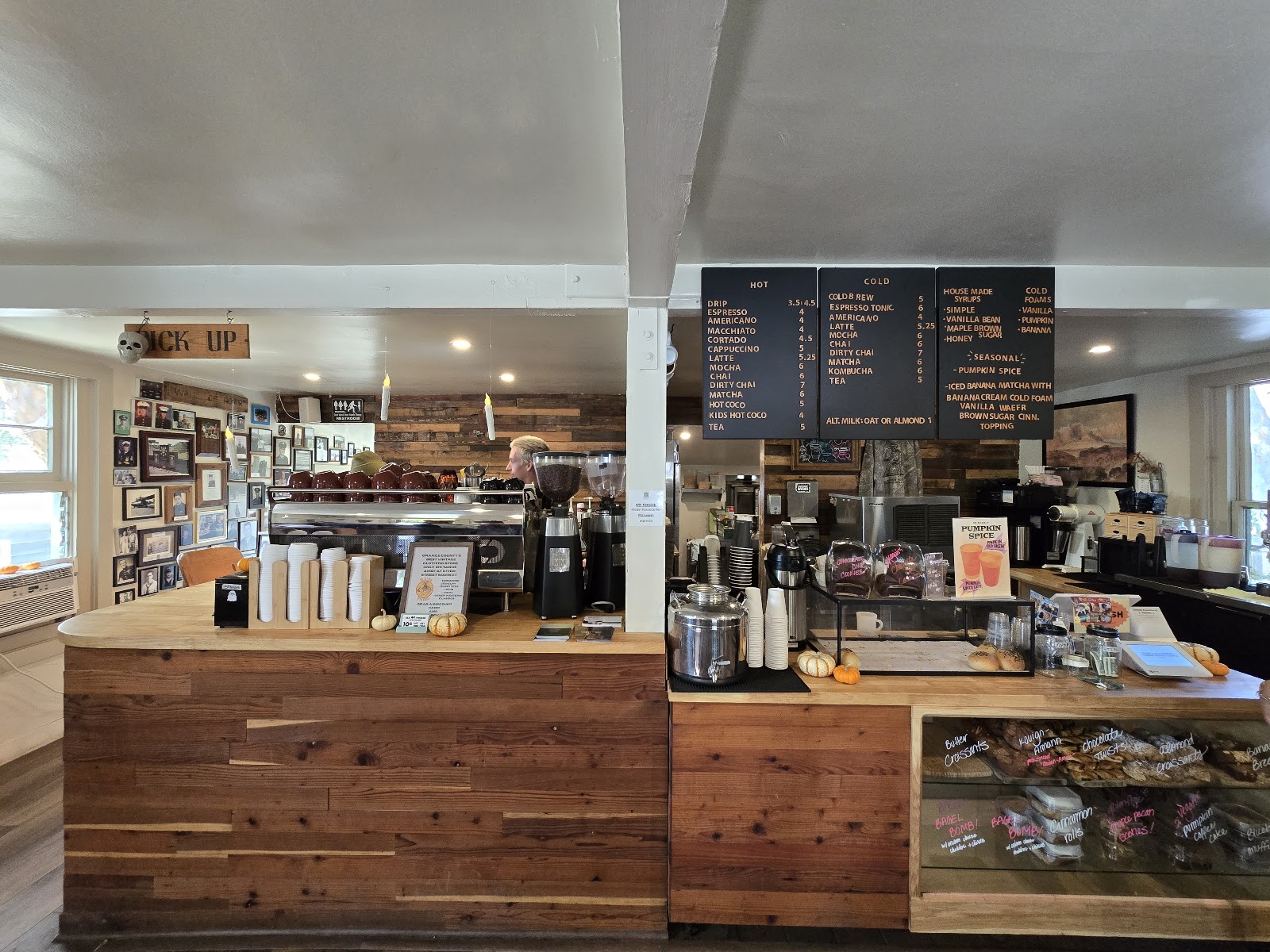 The coffee counter and menu boards inside