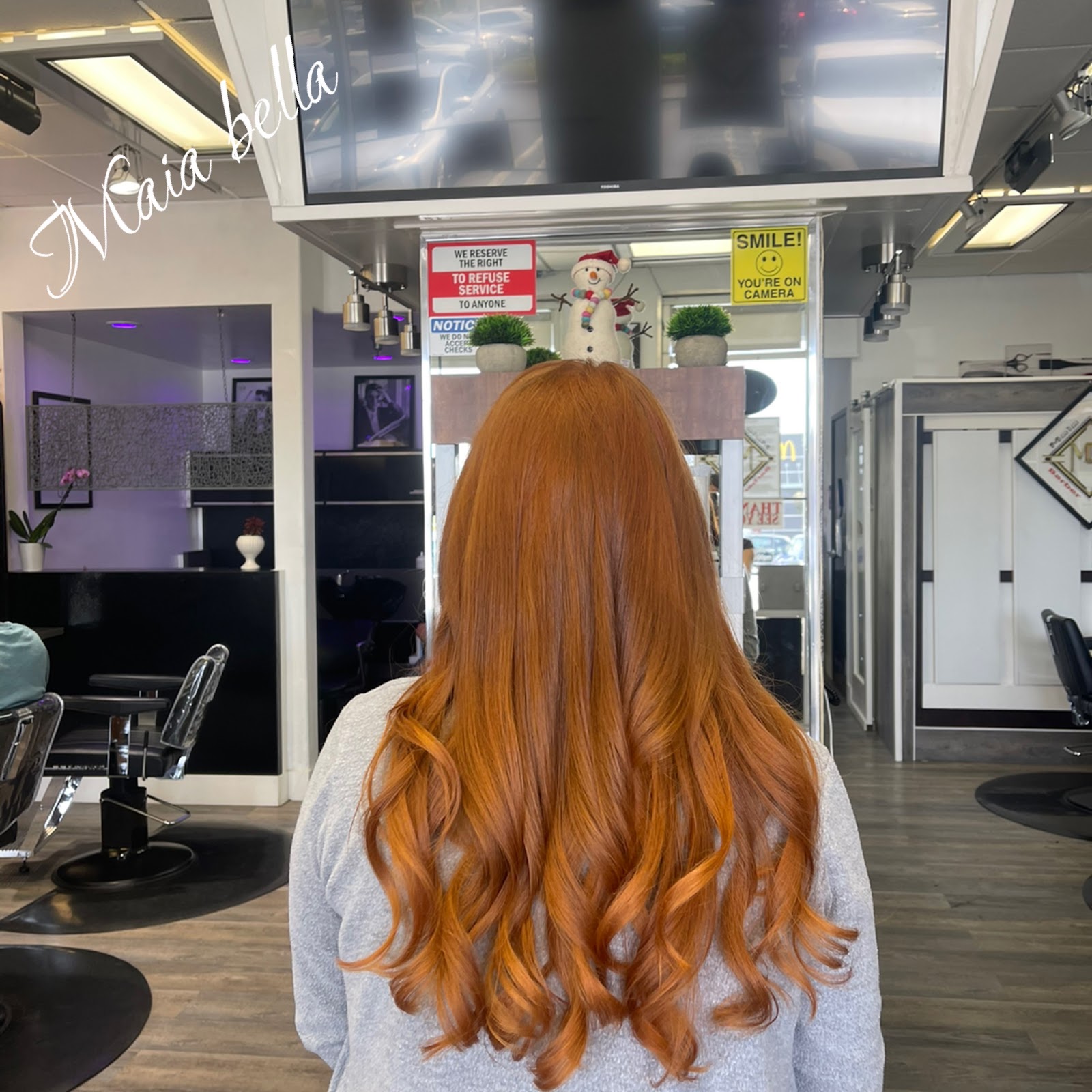 Long copper-orange color from behind, finished at Maia Bella