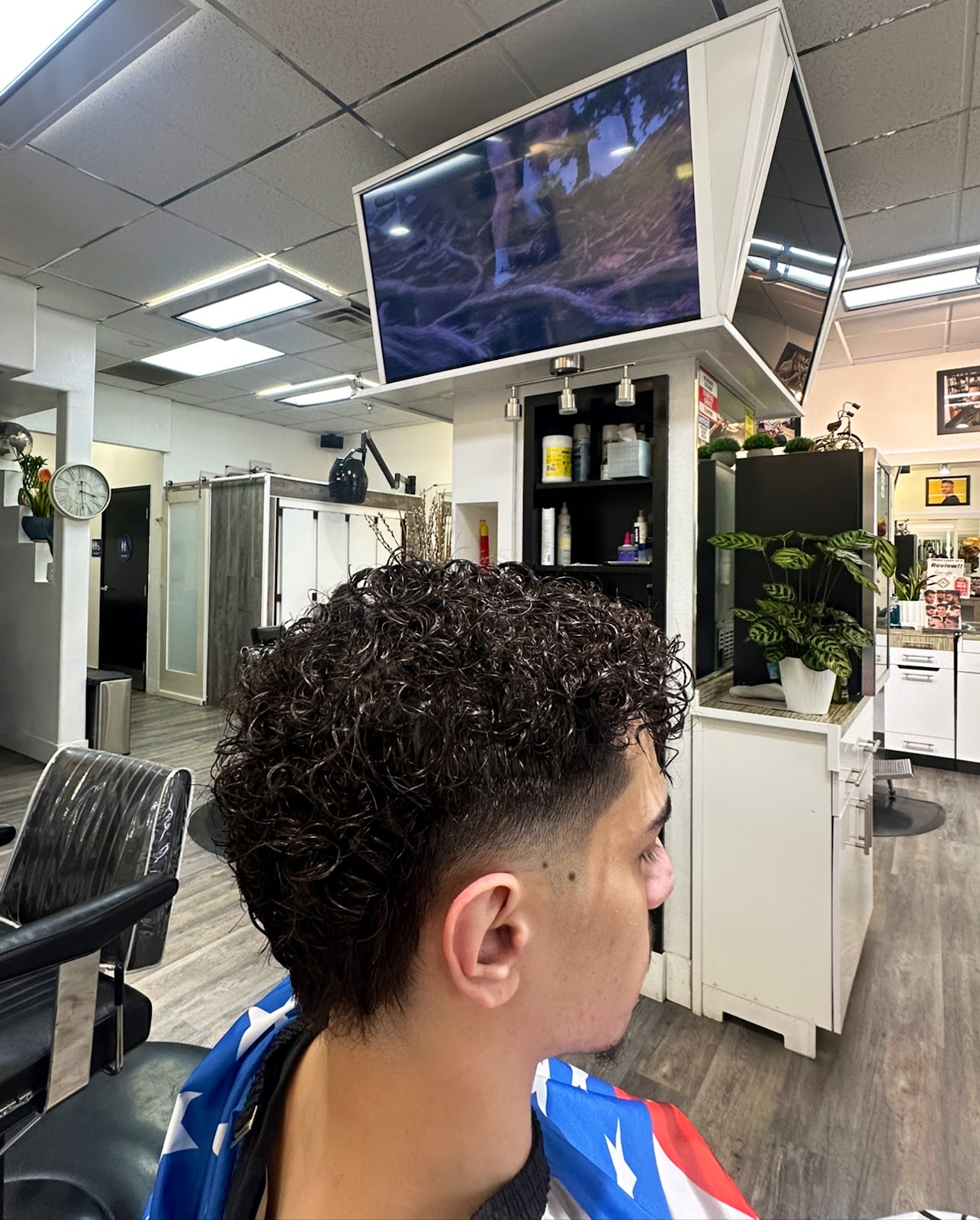 A finished textured curly cut from the side at Maia Bella, with a clean low-fade transition