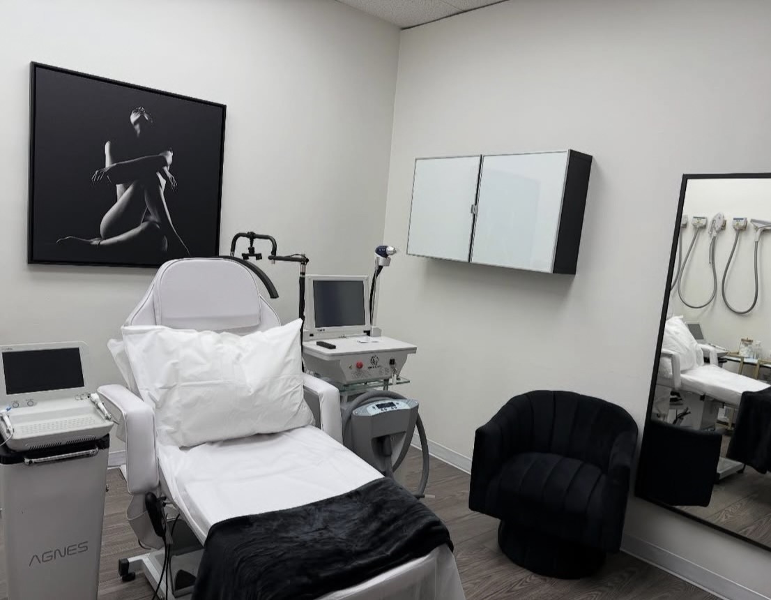A treatment room at OC Weight Loss & Med Spa with an Agnes RF device and editorial figure art