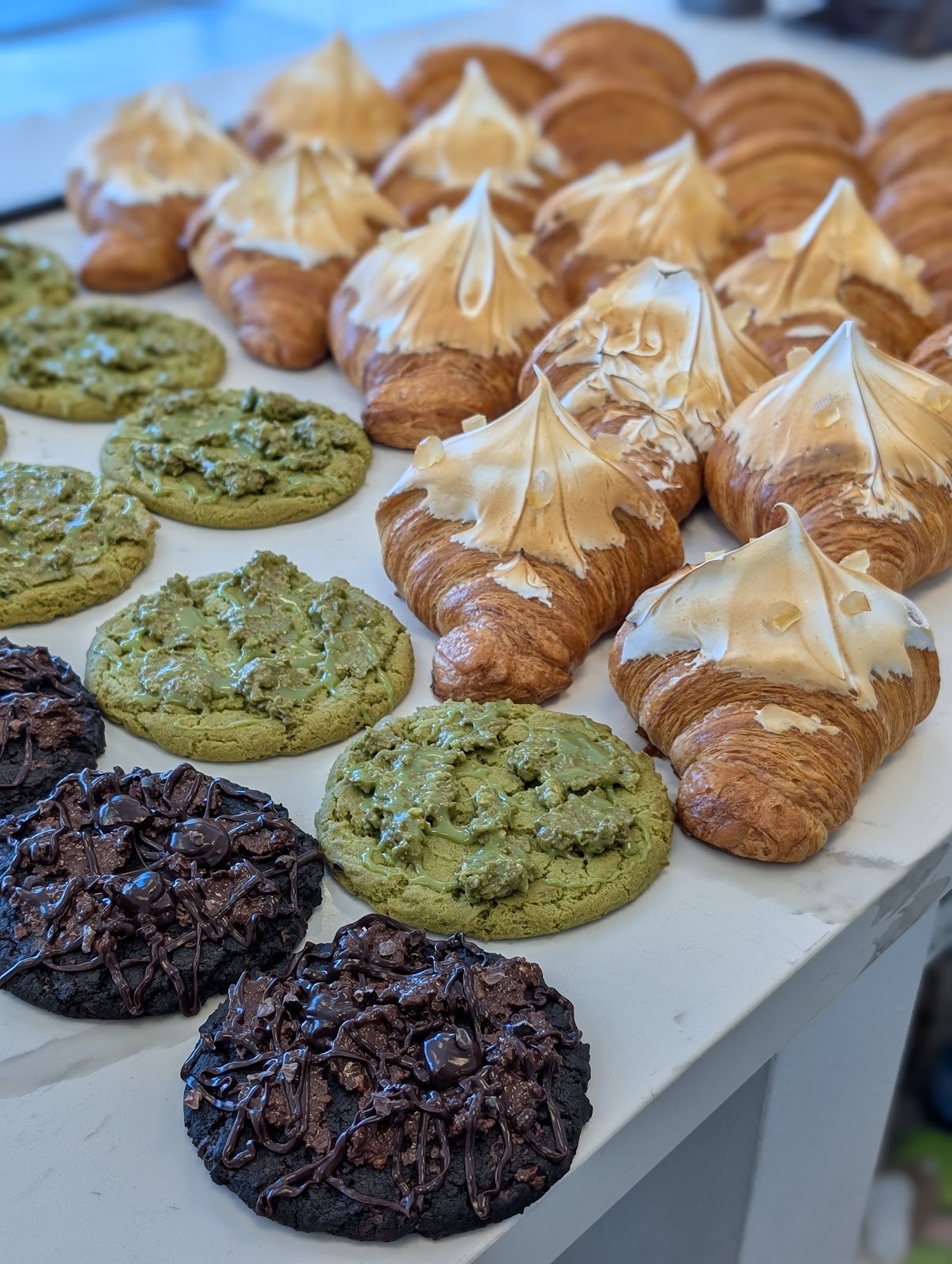 Matcha cookies and croissants