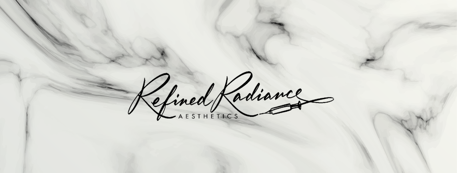 The Refined Radiance Aesthetics script wordmark on a soft marble background