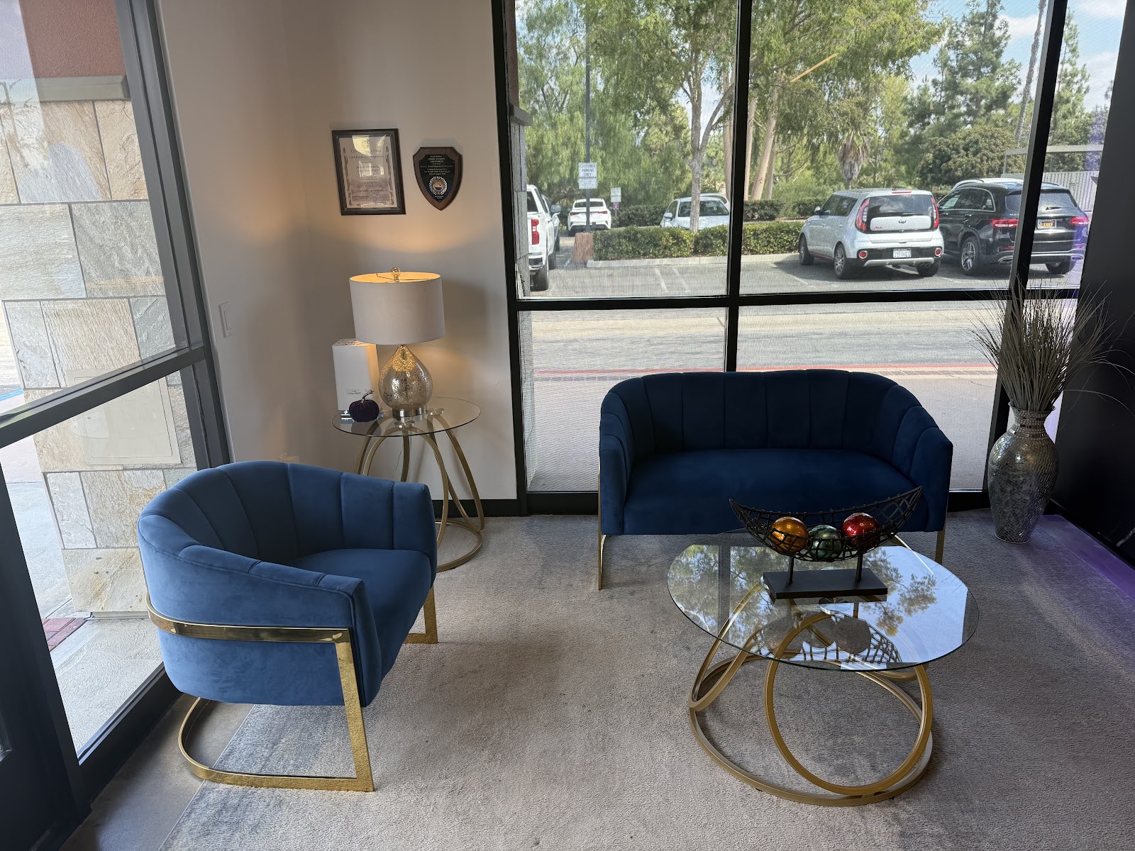 The waiting area at Refined Radiance Aesthetics, with navy velvet tub chairs, gold-framed glass tables, and a window onto the parking lot