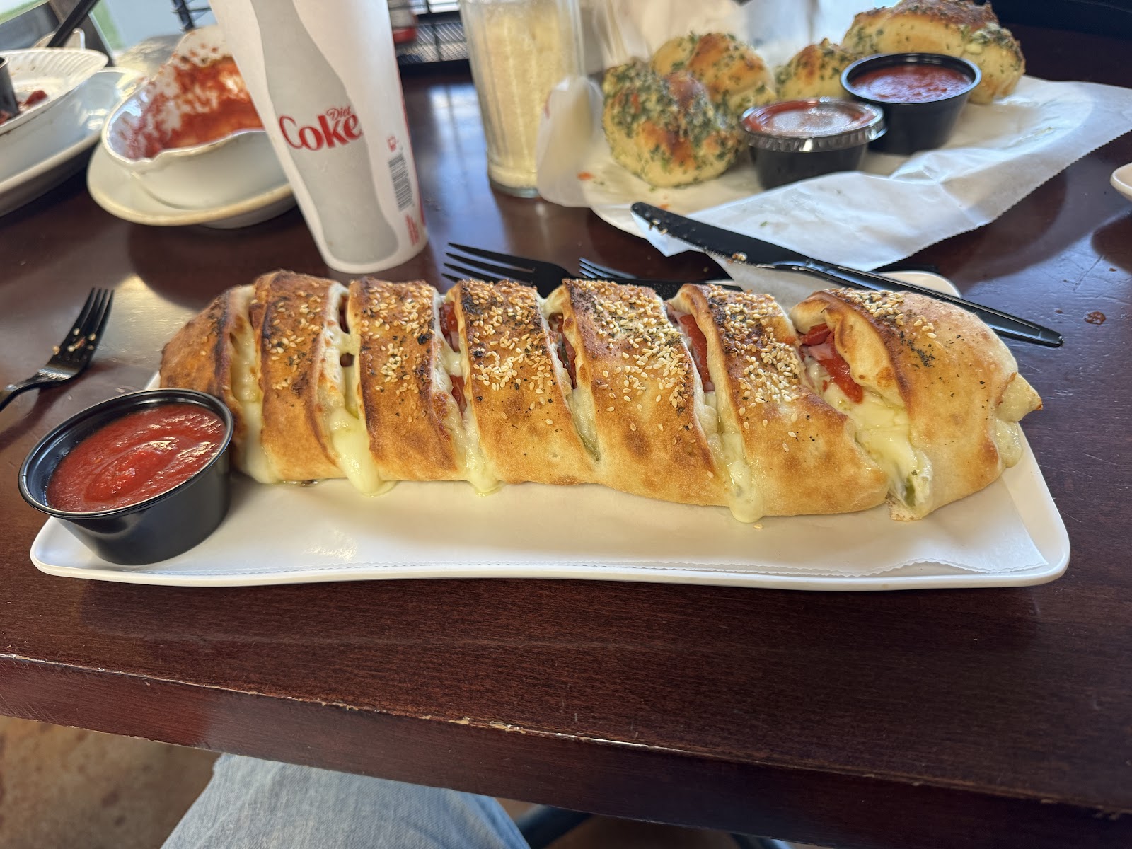 Stromboli at Terra Mia Pizzeria. Pepperoni, sausage, mozzarella, marinara, sliced into rounds. The big one to share at the table.