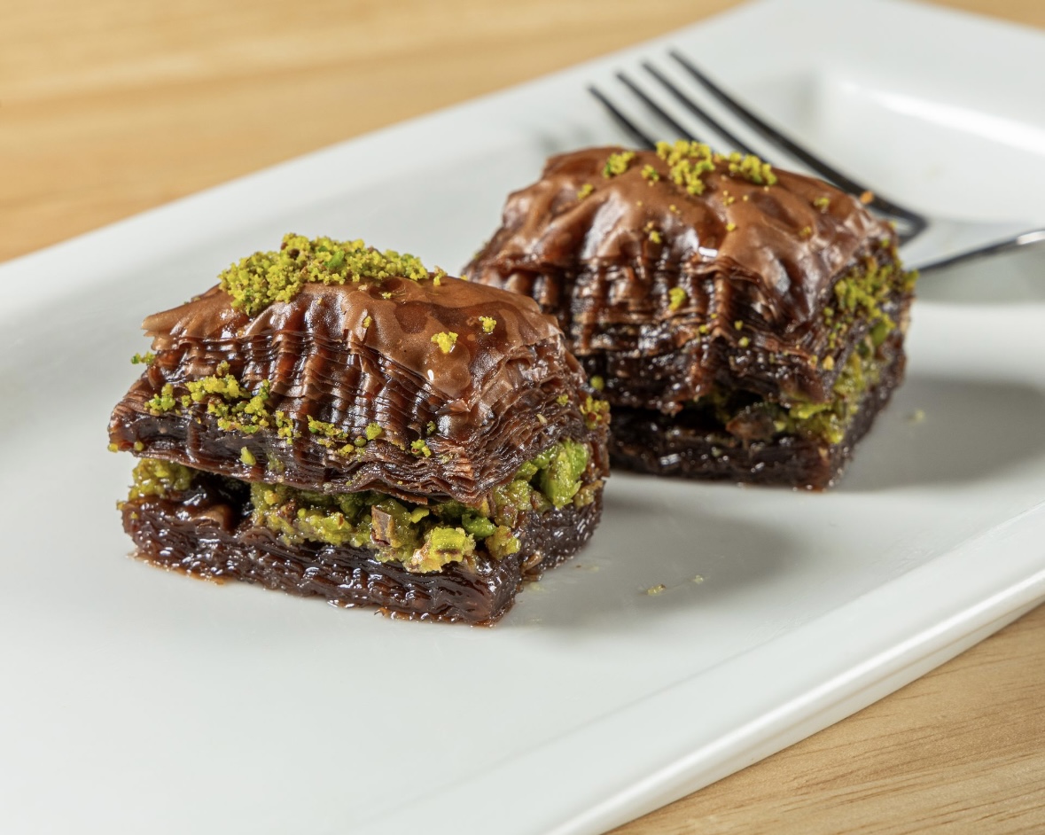 Pistachio baklava at The Baklava in Mission Viejo. antep green, hand-cracked.