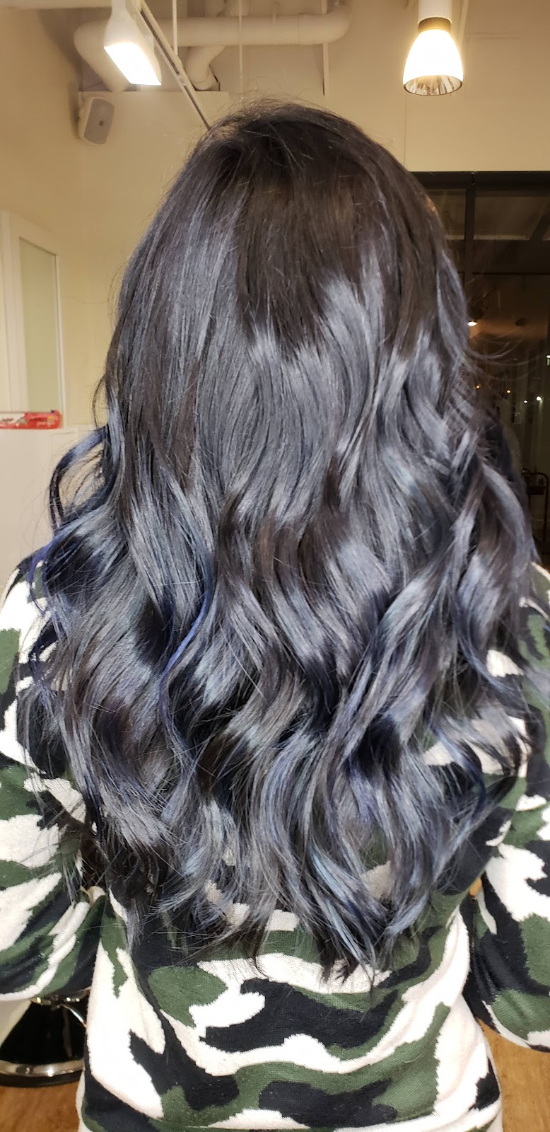 Long dark hair transformed with dimensional blue and silver color at the house salon