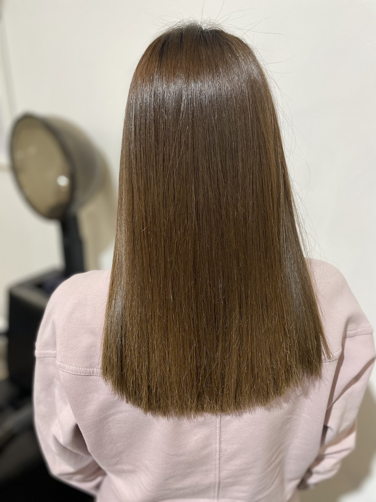 A glossy, healthy bronde blowout finished at the house salon, seen from behind