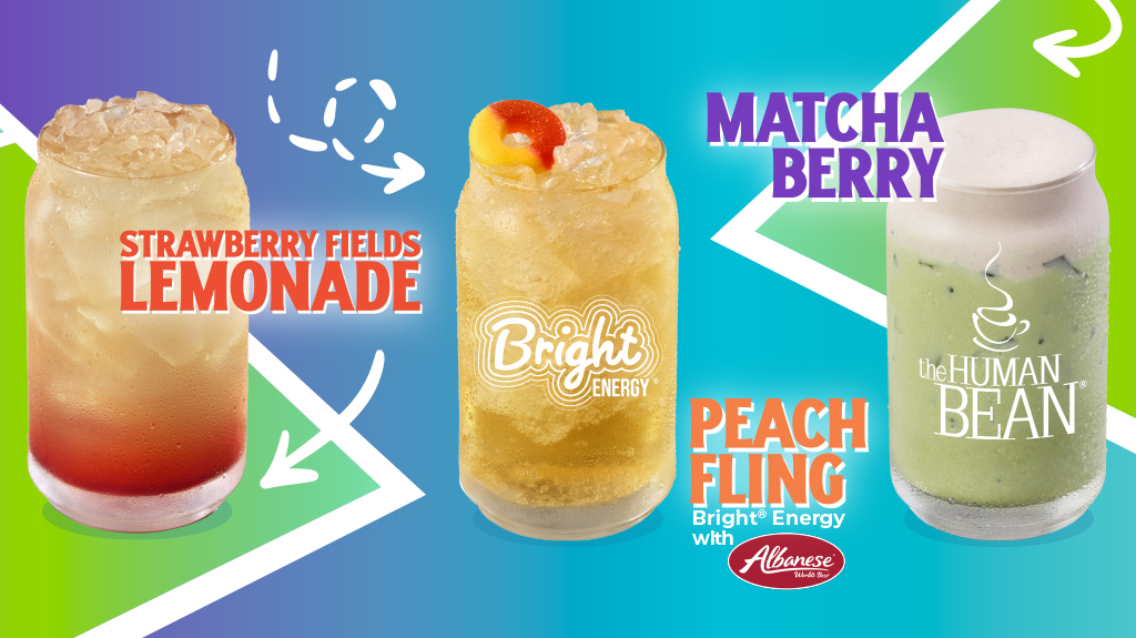 Strawberry Fields Lemonade, a pink-to-amber iced lemonade in a clear cup