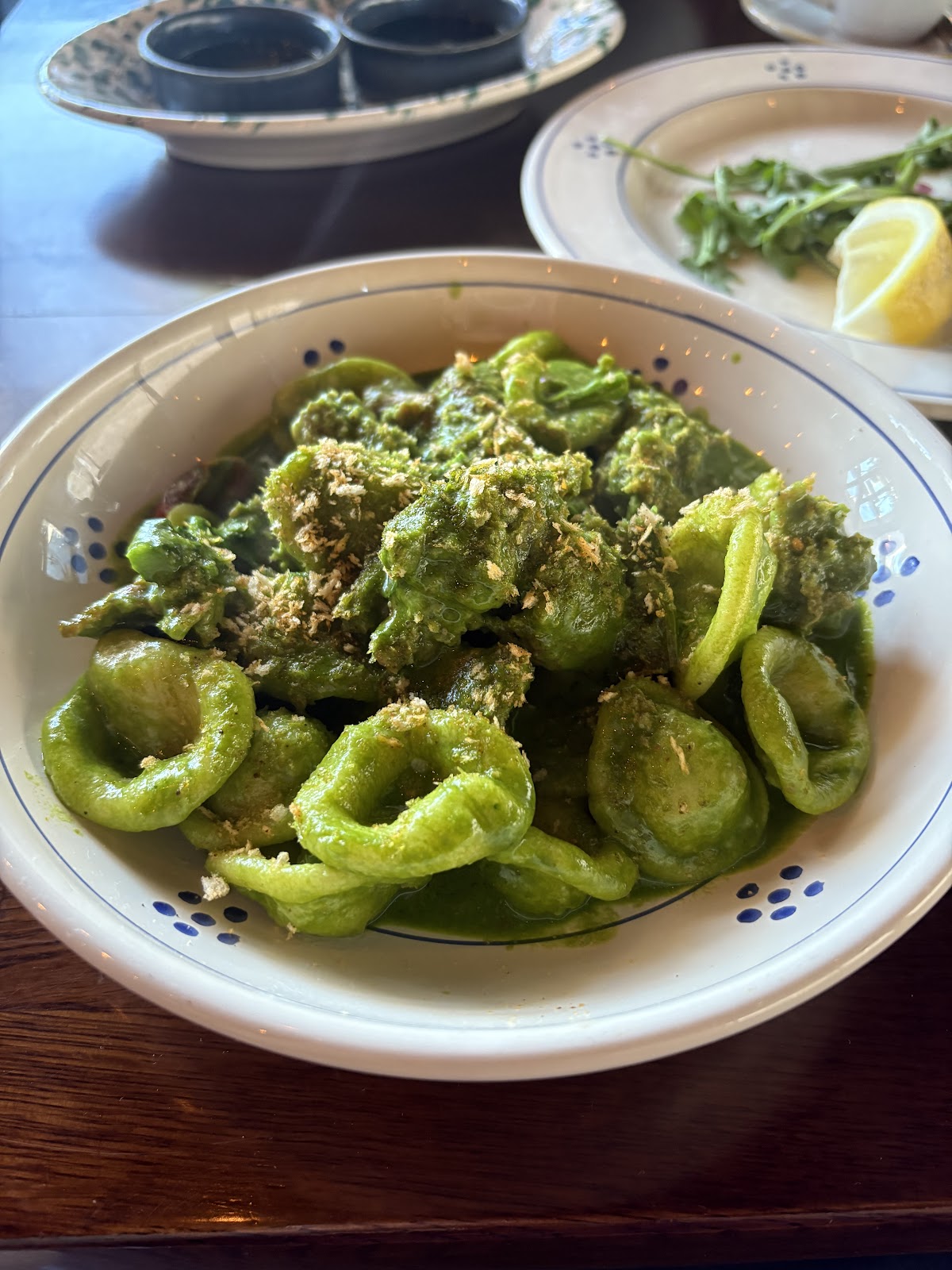 Orecchiette alle Cime di Rapa at Trattoria Trullo. Ear-shaped pasta, broccoli rabe sauce, Italian sausage, pecorino, breadcrumb.