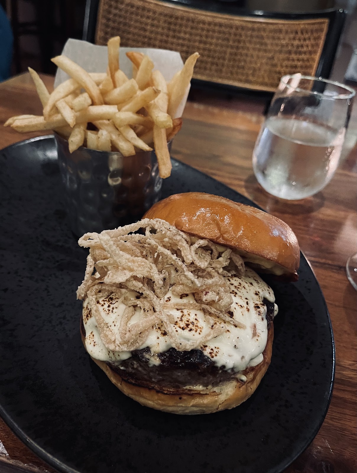 A brioche burger with crispy onions from the shared Dublin 4 kitchen