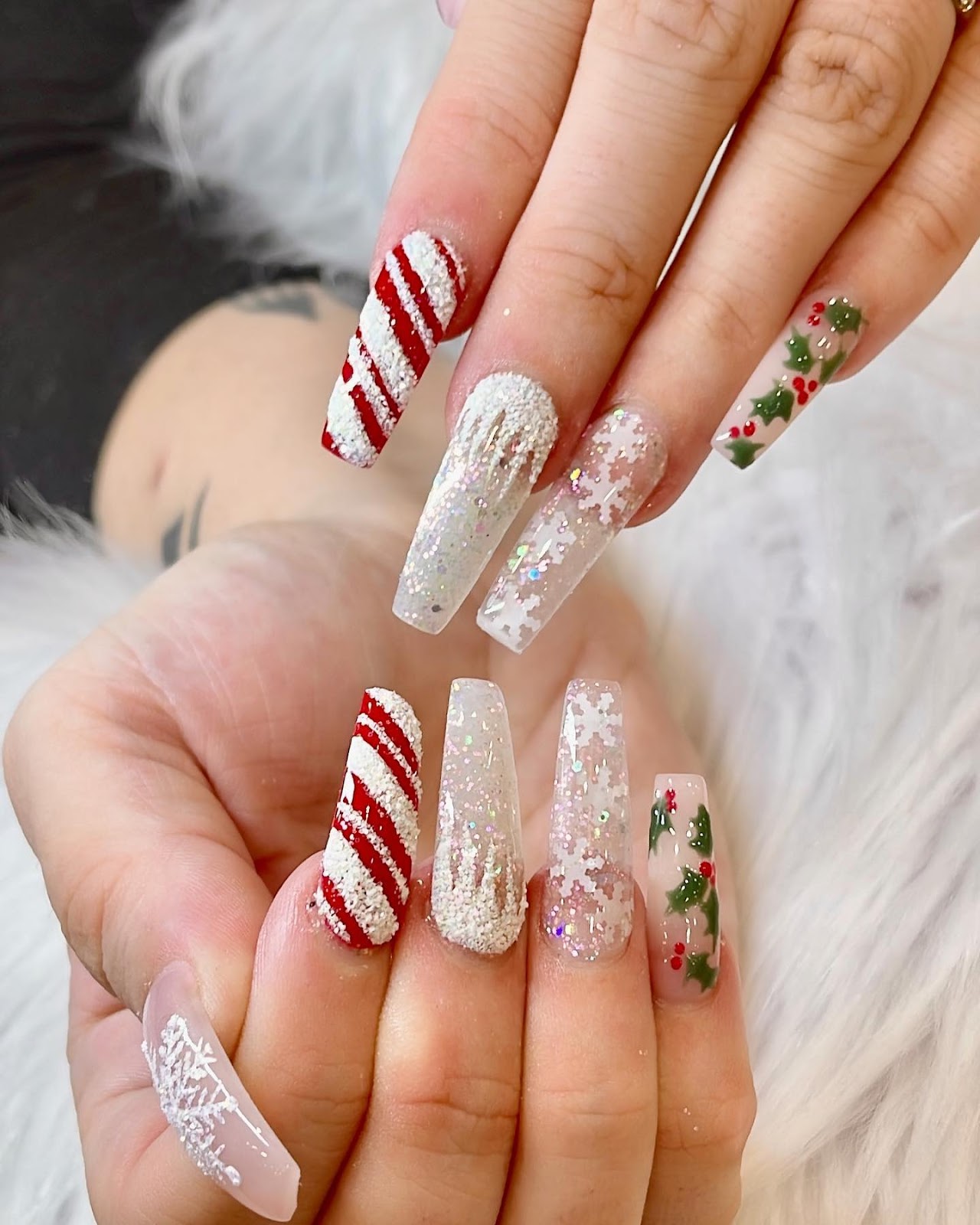 Detailed seasonal nail art on long coffin nails