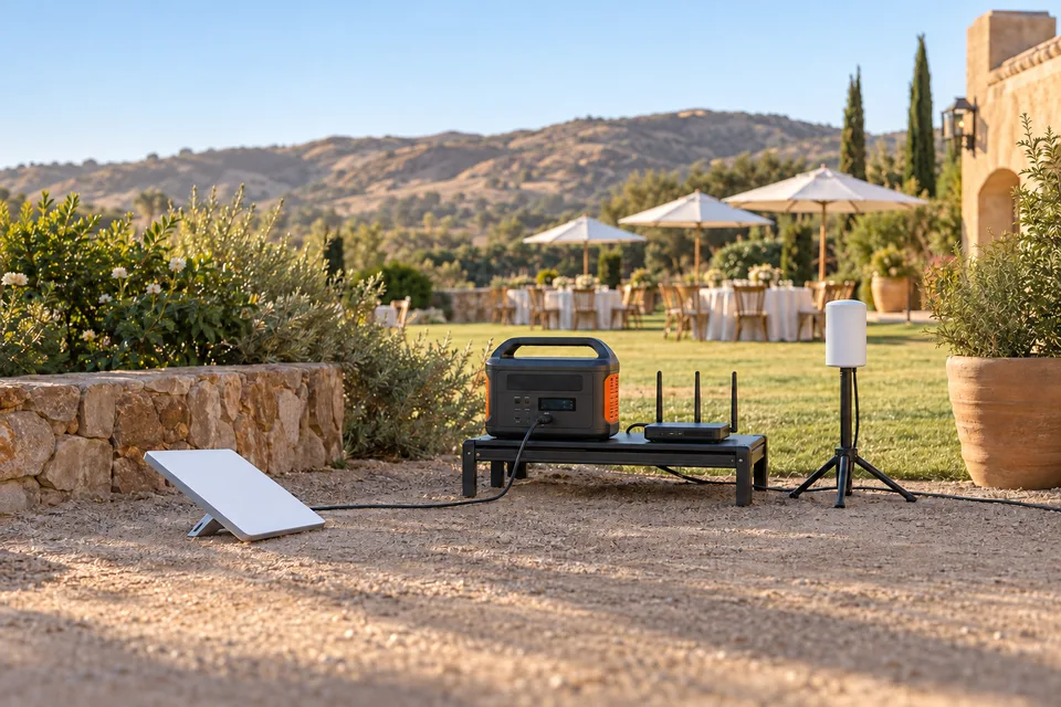 Illustrative outdoor event internet setup with a satellite antenna, portable power station, router and Wi-Fi access point.