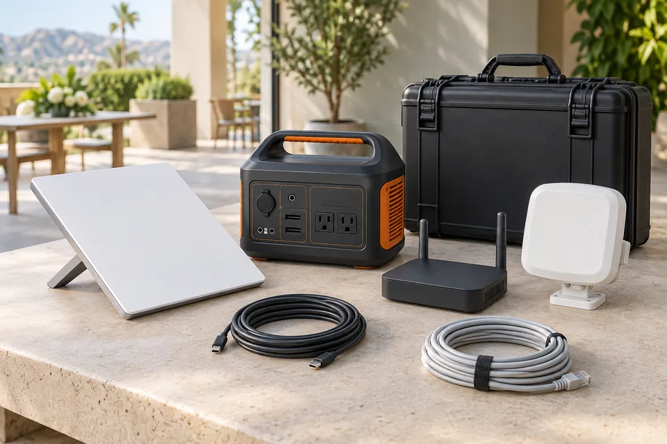 Illustrative portable internet kit: flat satellite antenna, battery power station, cellular router, access point and cables.